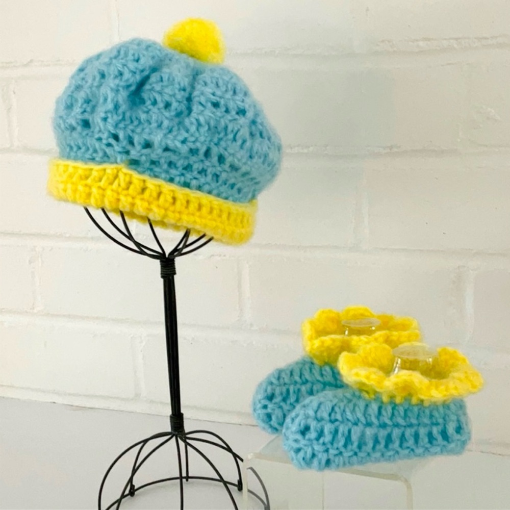 Crochet Blue & Yellow Infant Girl Hat/Bootie Set - Baby Shower Gift - Baby Gift